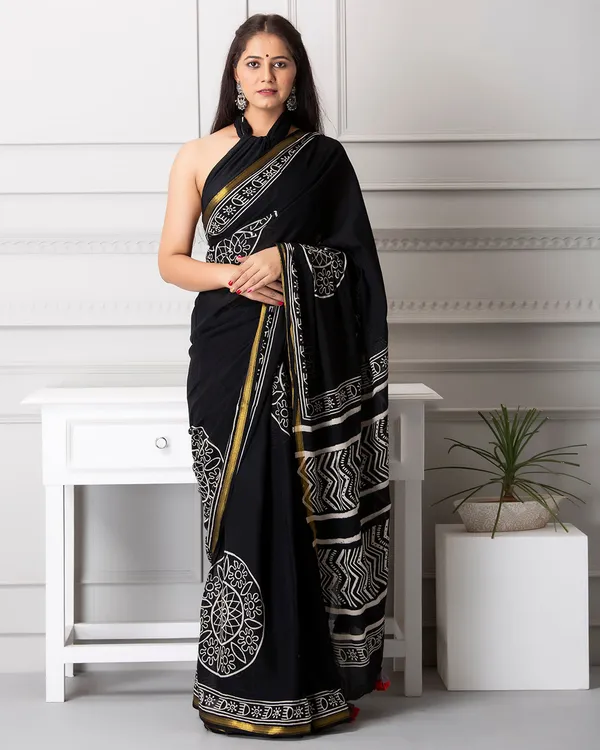 Indigo_Cotton_Stripes_Hblock_Printed_Mulmul_Saree_For_Women